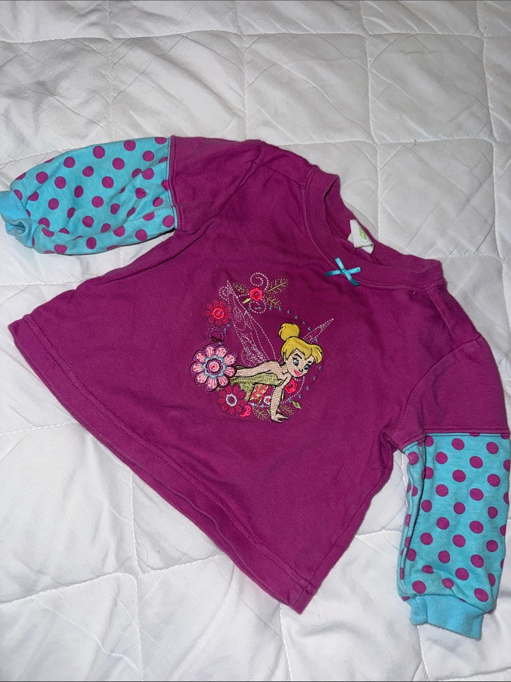 6-12m Purple Tinkerbell Long Sleeve Top with Polka Dot Sleeves Disney